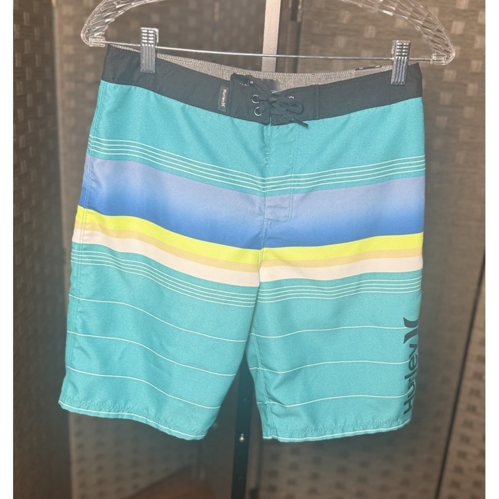 Hurley Men's Board shorts 16/28‎ Turquoise Blue Striped Drawstring Swim Surf